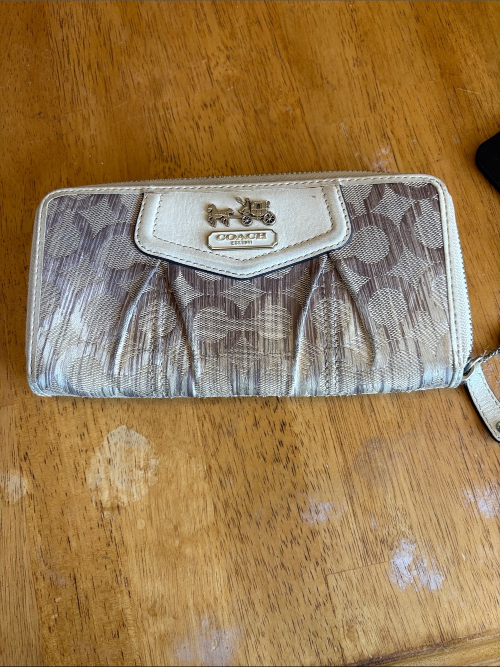 Coach Metallic Beige Signature Pleated Zip Wallet